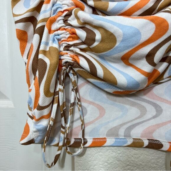 Funky Retro 70’s Top White Blue Brown Orange Geo Stripes Ribbed Short Sleeve XL - Picture 4 of 10